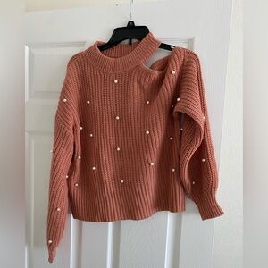 Hippie Rose Pink Off-the-Shoulder Sweater with Pearl Embellishments